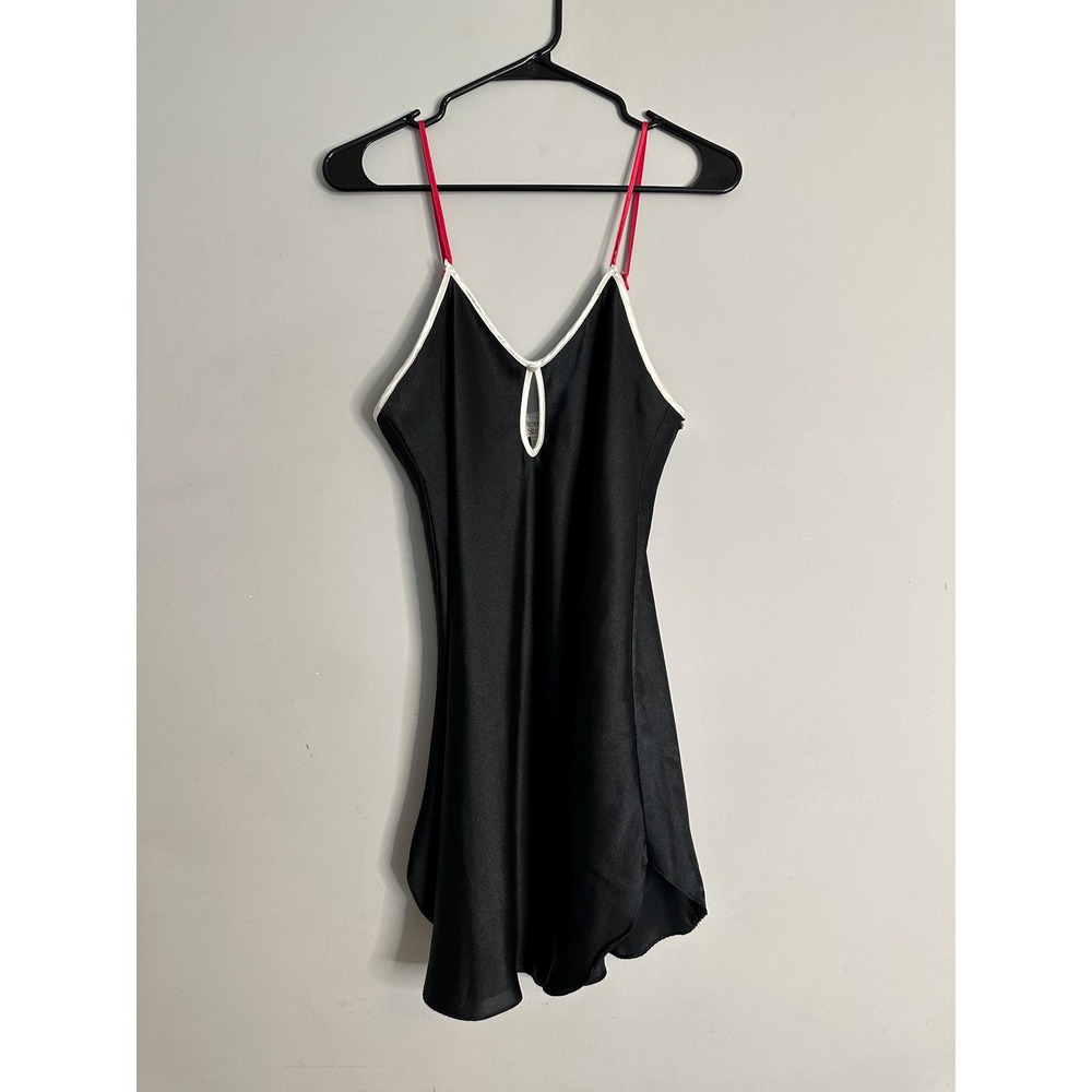 Vintage Victoria Secret Gold Label Black Silky Night Gown Medium Red Straps